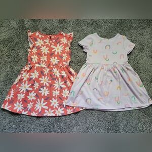 Girls Coral Daisy Print Dress and Lavender Rainbow Dress Bundle Size 4T